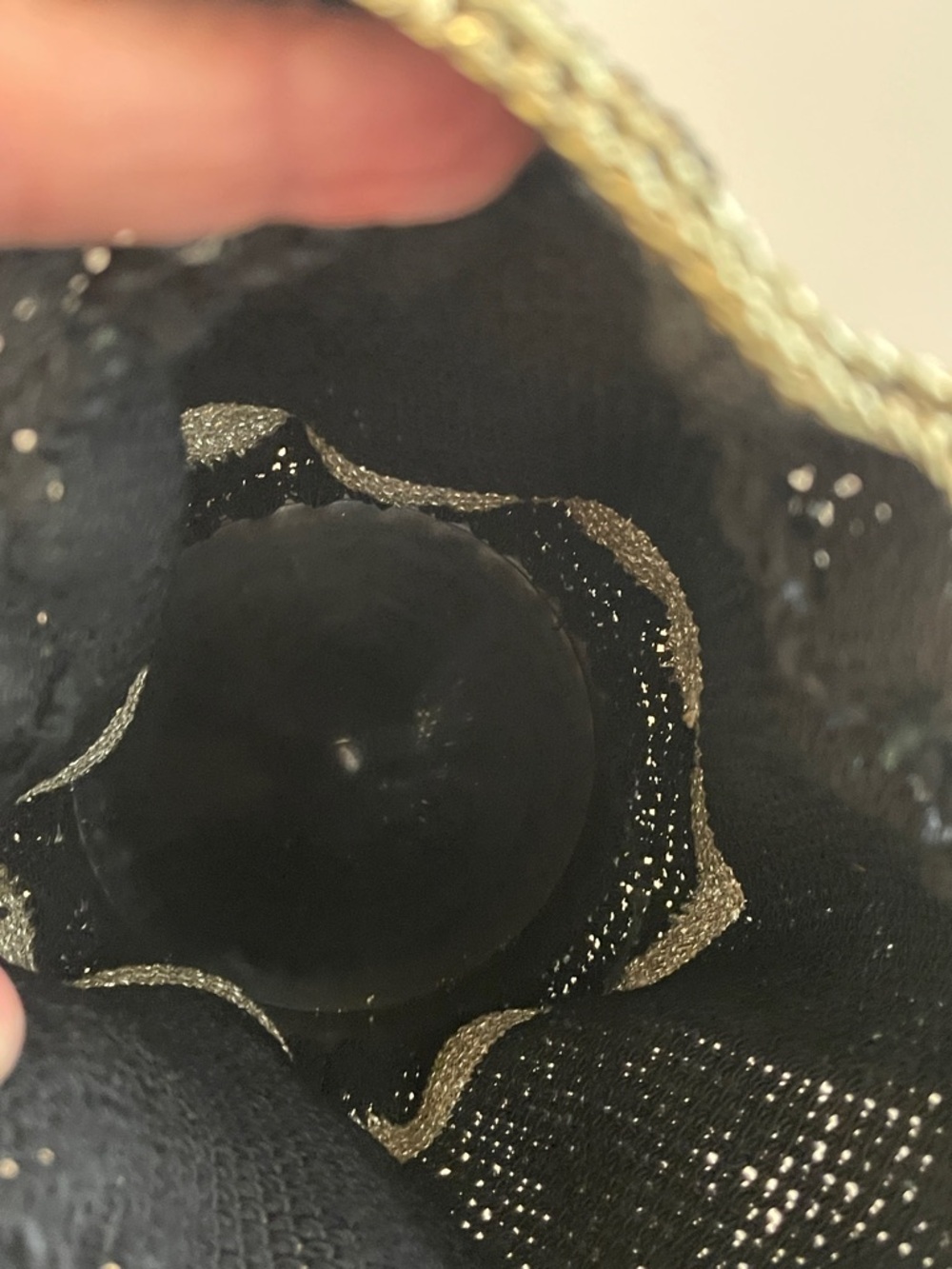 Boho Macramé Black Beaded Fringe Drawstring Satchel / resin bottom - Picture 7 of 13